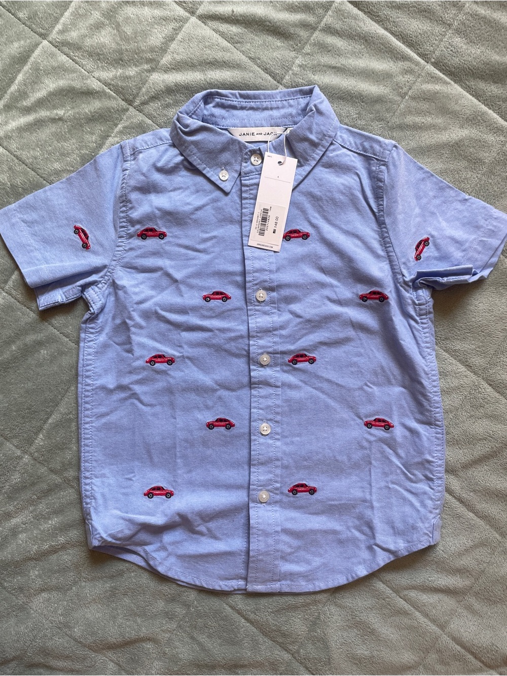Janie and Jack Light Blue Short-Sleeve Button-Down with Red Car Motif